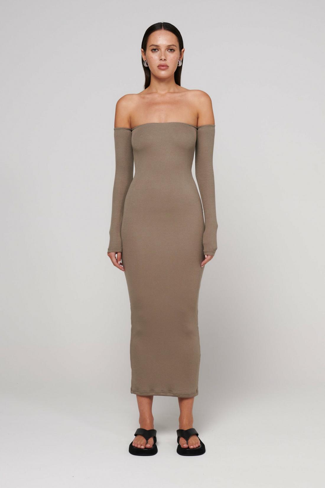 Ayva Strapless Midi Dress in Taupe, view 1, Bayse Brand