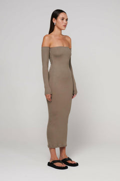 Ayva Strapless Midi Dress in Taupe, view 2, Bayse Brand