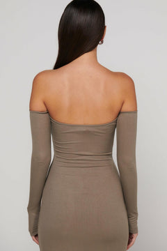 Ayva Strapless Midi Dress in Taupe, view 4, Bayse Brand
