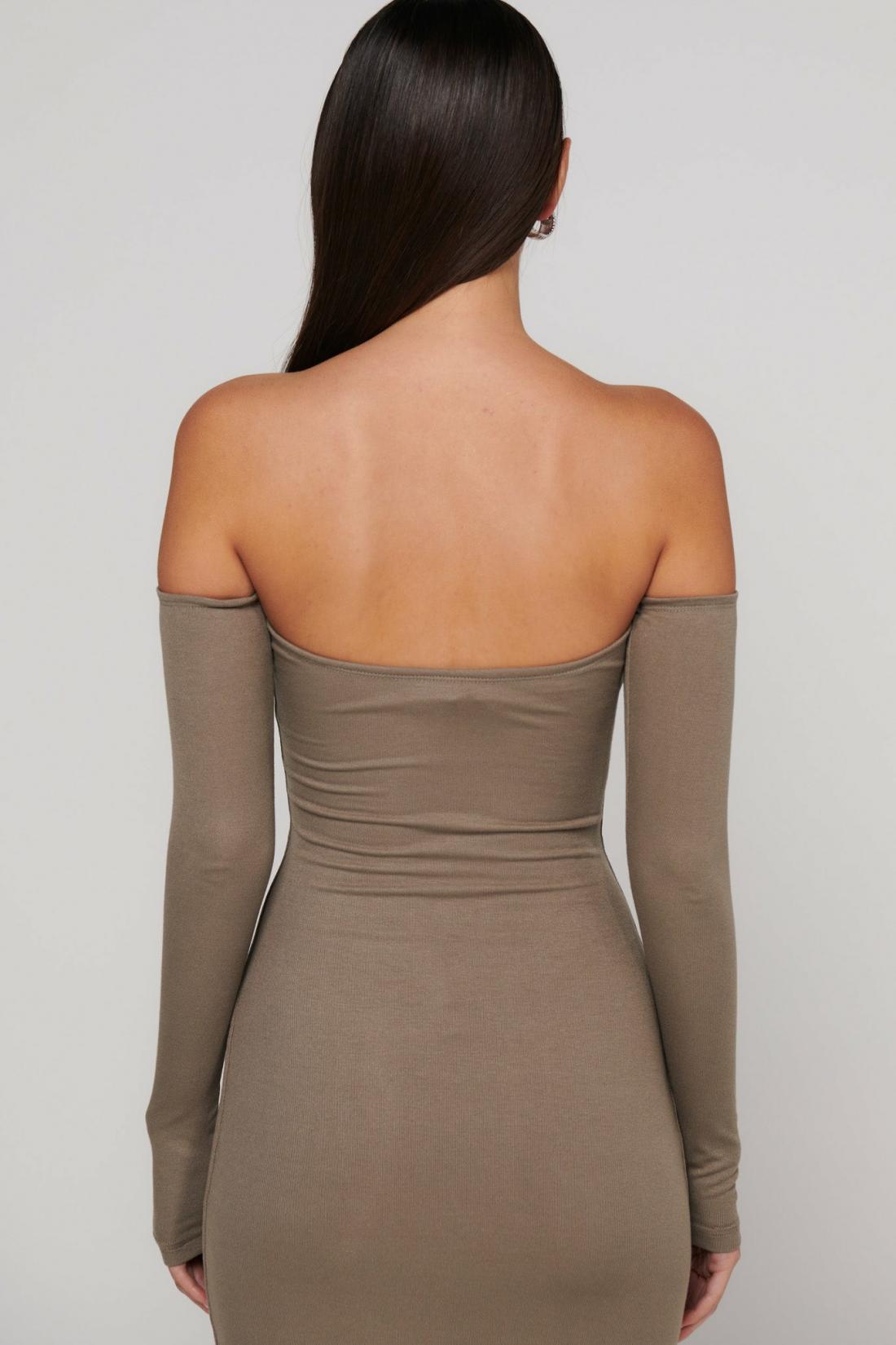Ayva Strapless Midi Dress in Taupe, view 4, Bayse Brand