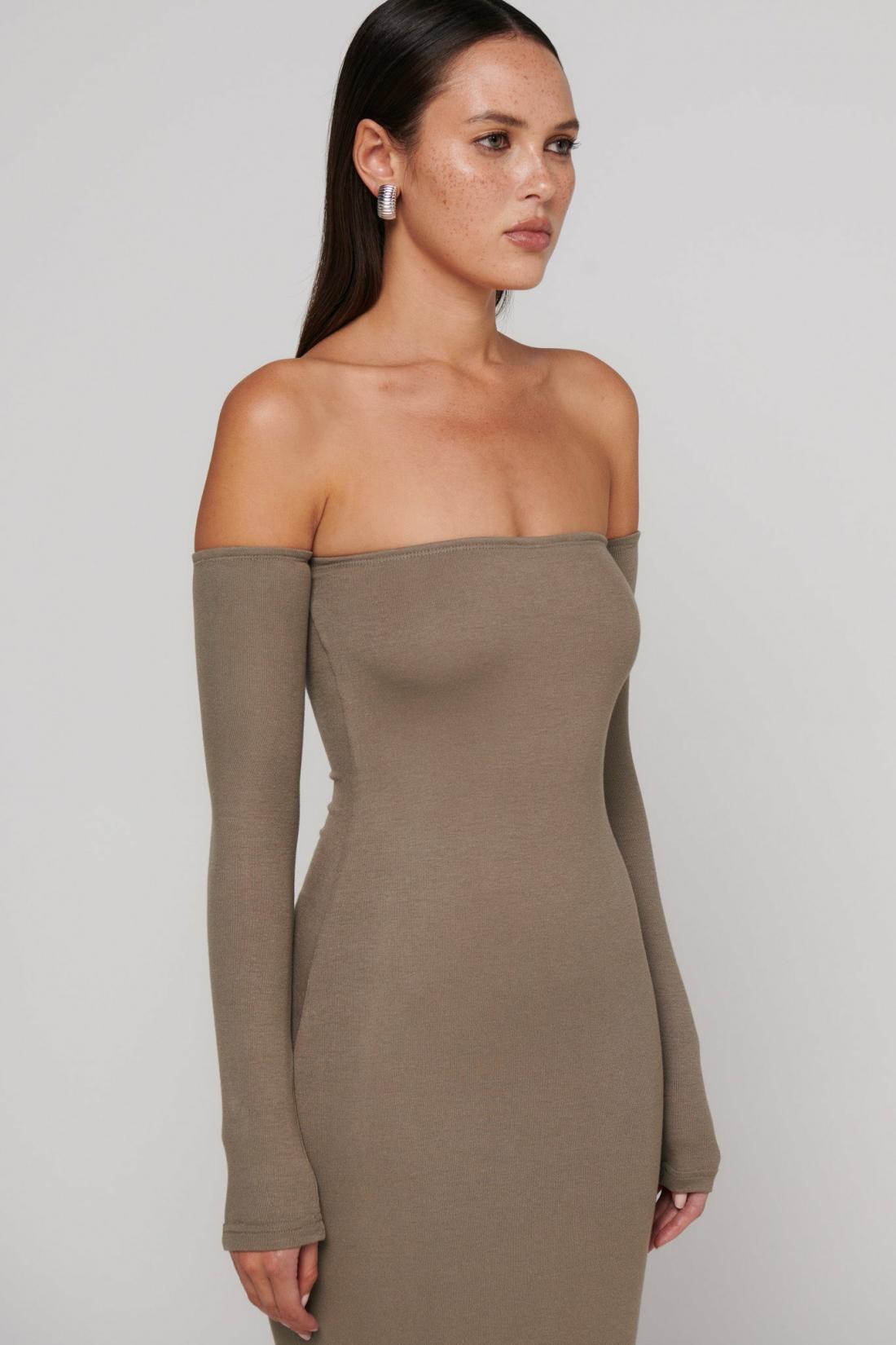 Ayva Strapless Midi Dress in Taupe, view 5, Bayse Brand