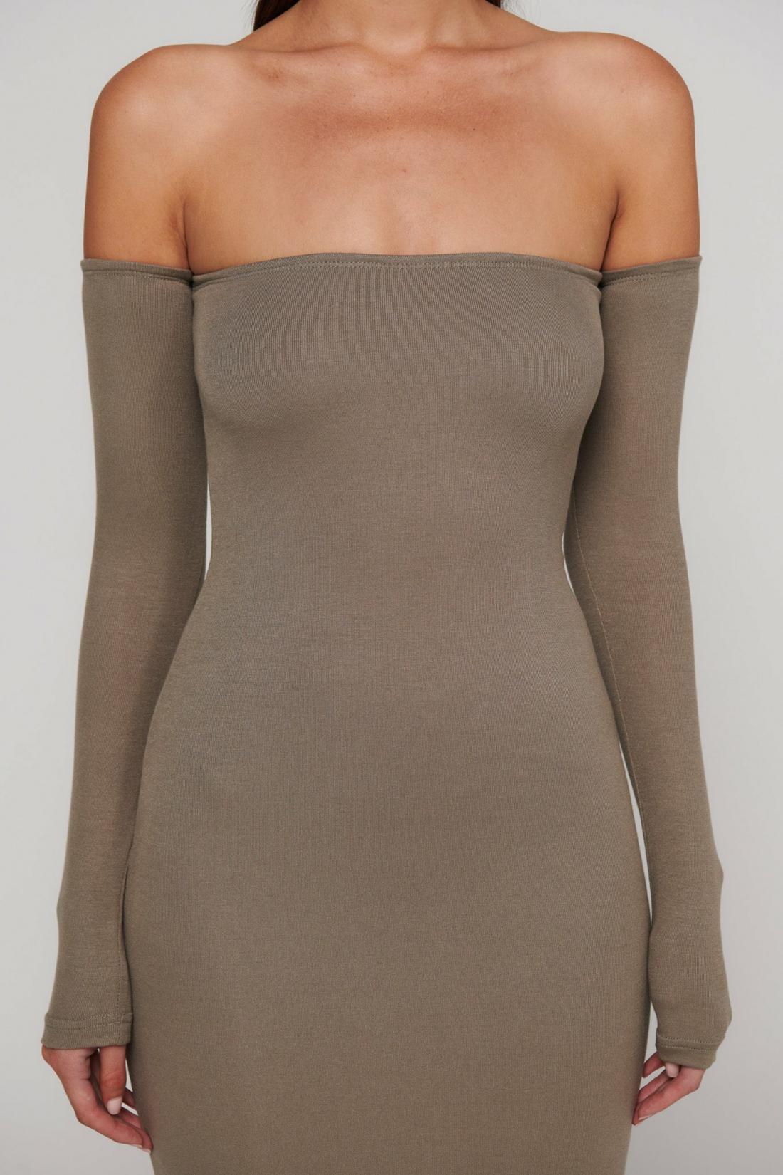 Ayva Strapless Midi Dress in Taupe, view 3, Bayse Brand