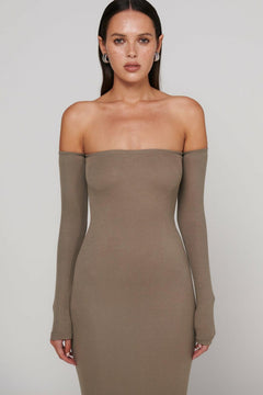 Ayva Strapless Midi Dress in Taupe, view 6, Bayse Brand