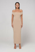 Beau Off Shoulder Bodycon Midi Dress in Biscotti, view 1, Bayse Brand