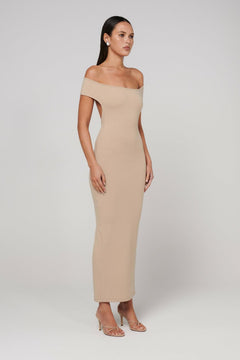 Beau Off Shoulder Bodycon Midi Dress in Biscotti, view 2, Bayse Brand