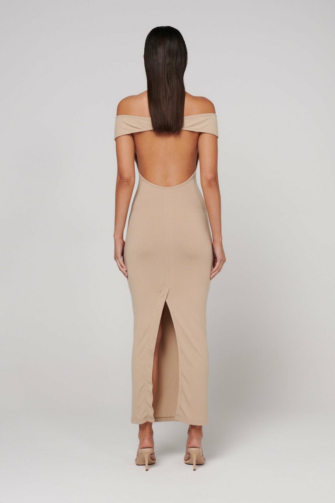Beau Off Shoulder Bodycon Midi Dress in Biscotti, view 3, Bayse Brand