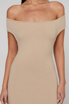 Beau Off Shoulder Bodycon Midi Dress in Biscotti, view 4, Bayse Brand