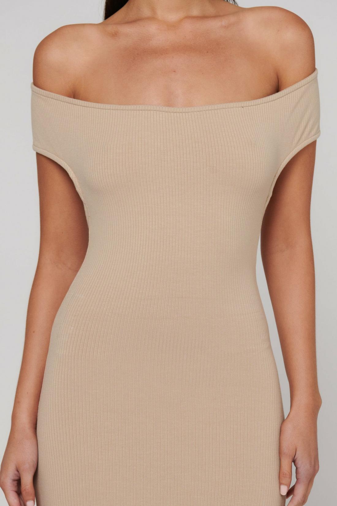 Beau Off Shoulder Bodycon Midi Dress in Biscotti, view 4, Bayse Brand