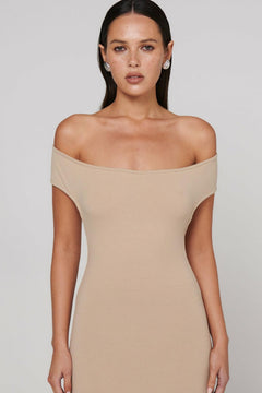 Beau Off Shoulder Bodycon Midi Dress in Biscotti, view 5, Bayse Brand
