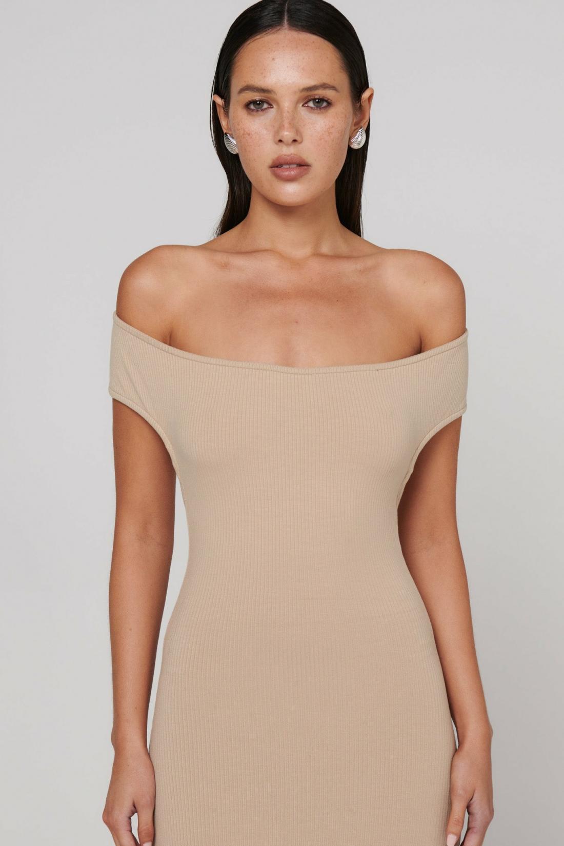 Beau Off Shoulder Bodycon Midi Dress in Biscotti, view 5, Bayse Brand