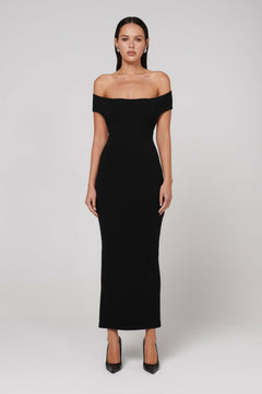 Beau Off Shoulder Bodycon Midi Dress in Black, view 1, Bayse Brand