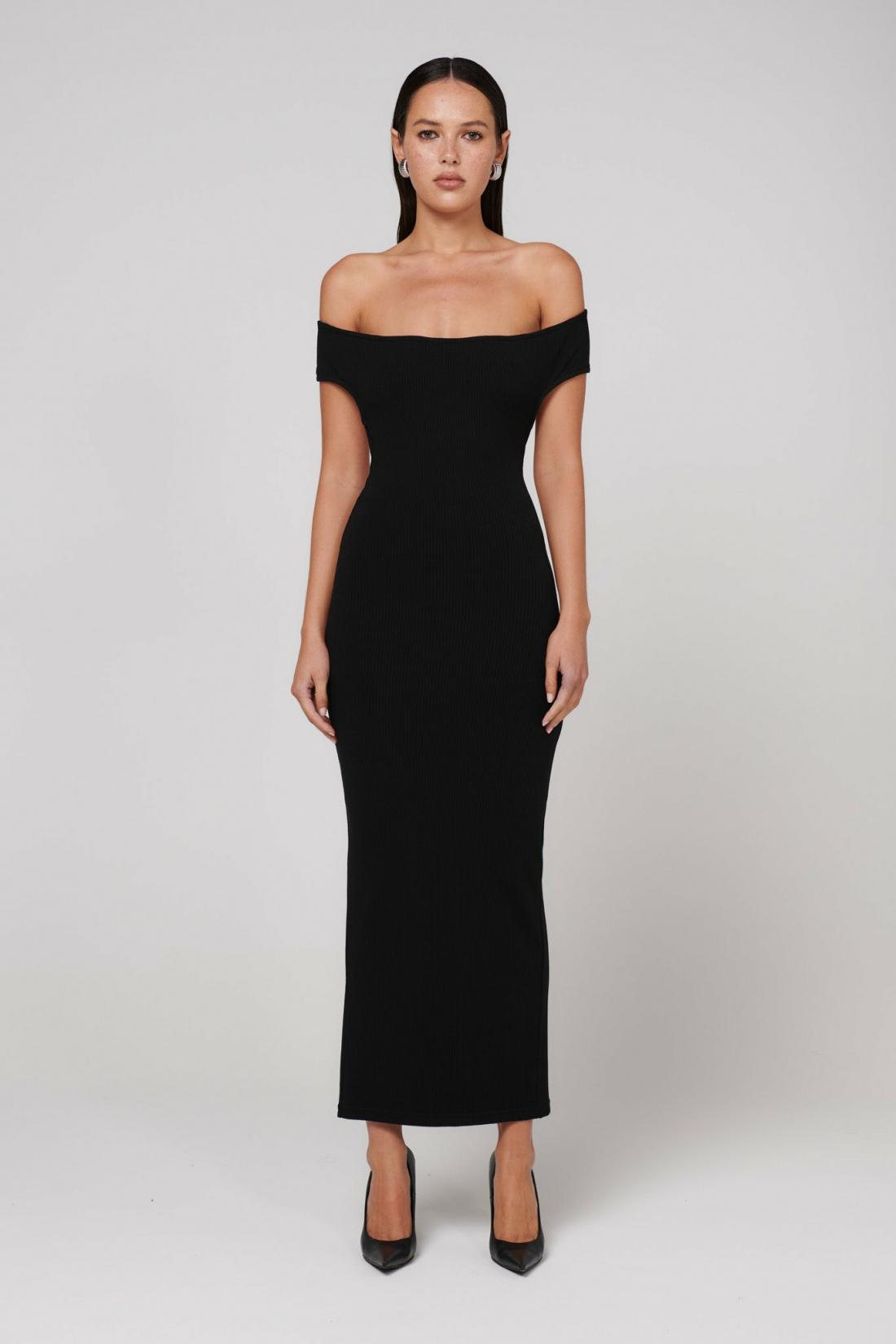Beau Off Shoulder Bodycon Midi Dress in Black, view 1, Bayse Brand