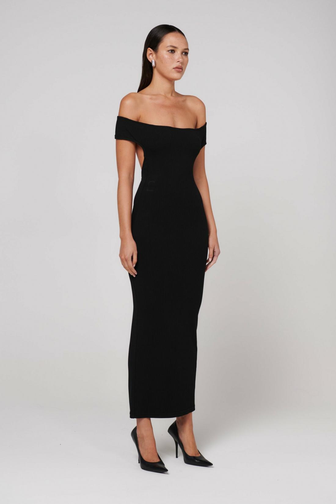 Beau Off Shoulder Bodycon Midi Dress in Black, view 2, Bayse Brand