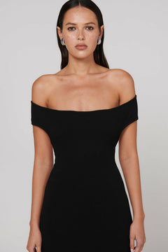 Beau Off Shoulder Bodycon Midi Dress in Black, view 5, Bayse Brand