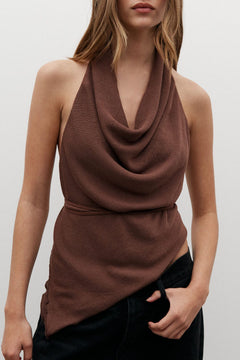 Cerise Cowl Neck Halter Top in Bark, view 3, Bayse Brand