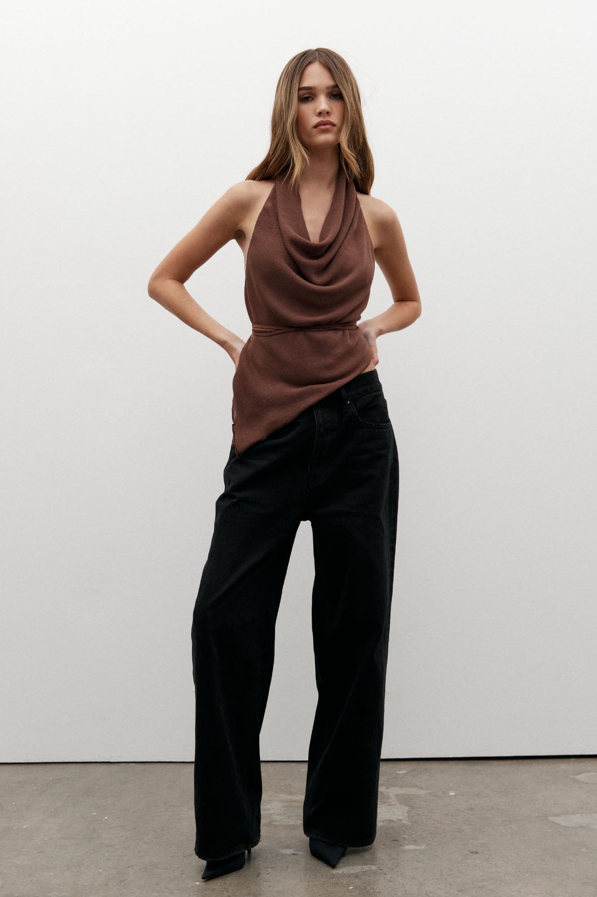 Cerise Cowl Neck Halter Top in Bark, view 4, Bayse Brand